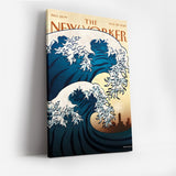 The New Yorker Magazine Cover Canvas Wall Art, Great Wave Modern Ocean Print, Japanese Art Inspired, Framed Ready to Hang, Blue Sea Wall Decor, Living Room Office Home Decoration