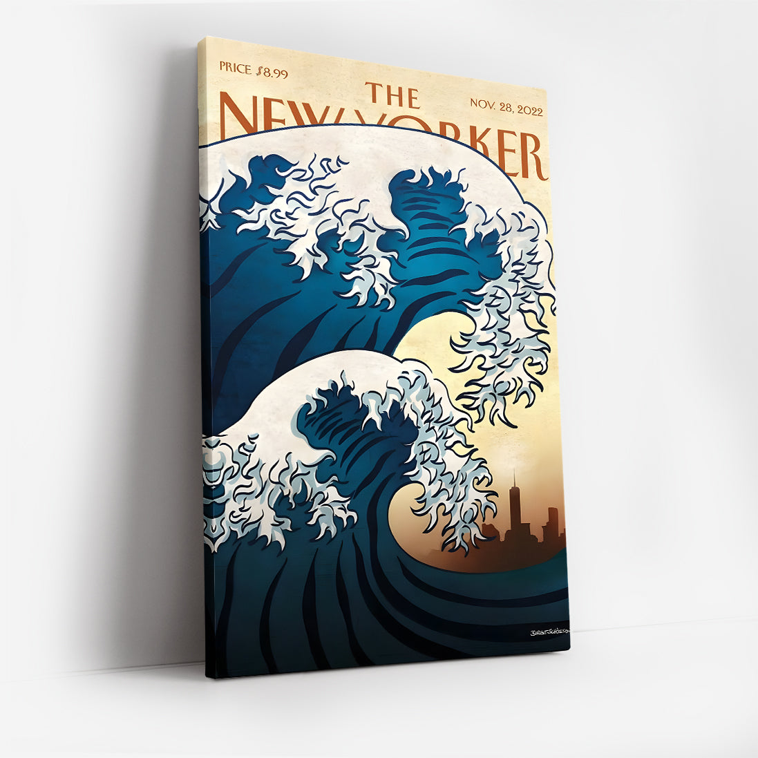 The New Yorker Magazine Cover Canvas Wall Art, Great Wave Modern Ocean Print, Japanese Art Inspired, Framed Ready to Hang, Blue Sea Wall Decor, Living Room Office Home Decoration