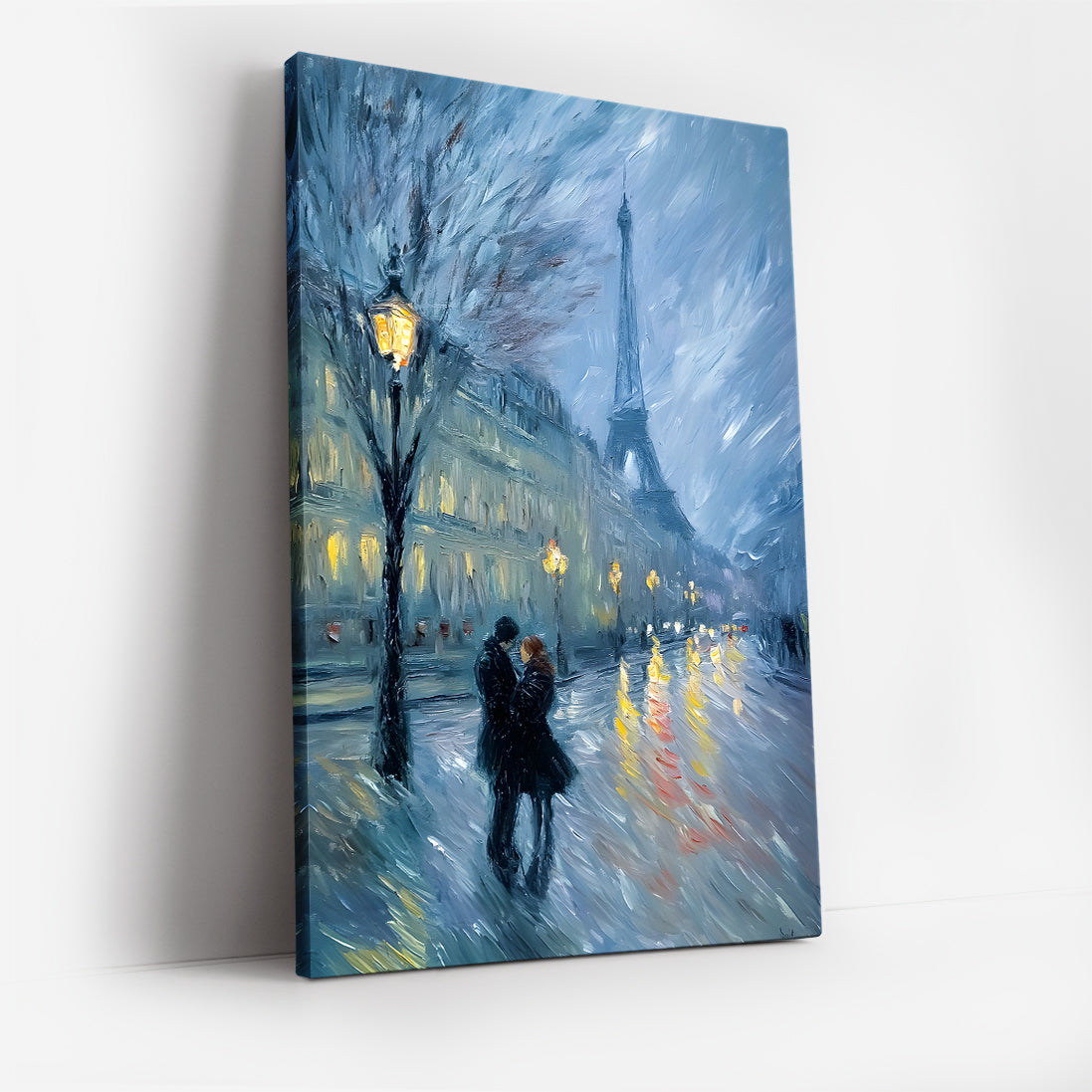 Paris Romance at Night Canvas Wall Art, Eiffel Tower Cityscape Painting, Impressionist Couple Under Streetlights, Modern Home Decor