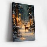 Enchanted Winter Forest with Deer, Holiday Lights, Canvas Wall Art, Snowy Woodland Scene, Festive Christmas Home Decor, Framed Modern Artwork