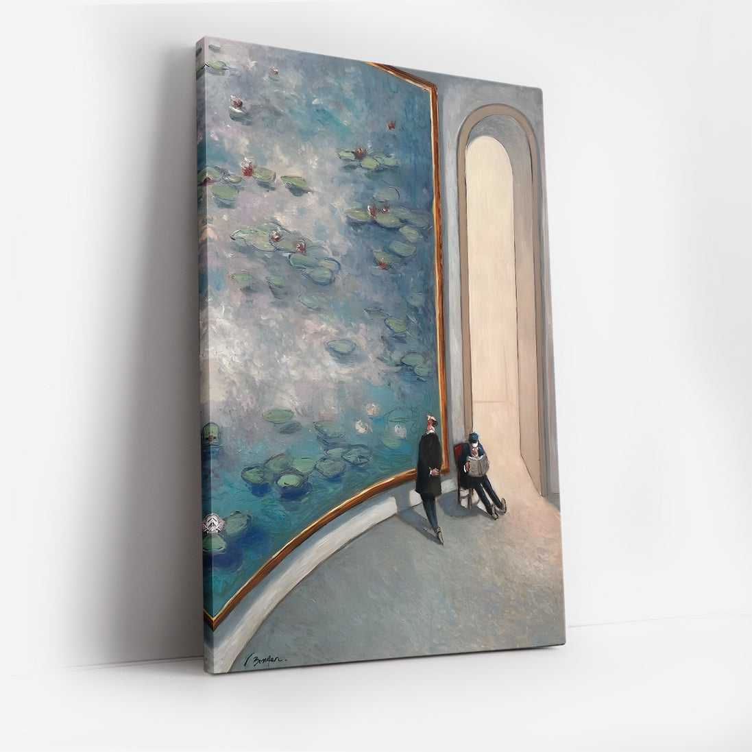 Gallery Room Scene with Large Water Lilies Canvas Wall Art, Modern Art Museum Decor, Impressionist Inspired Wall Art, Framed Home Decoration