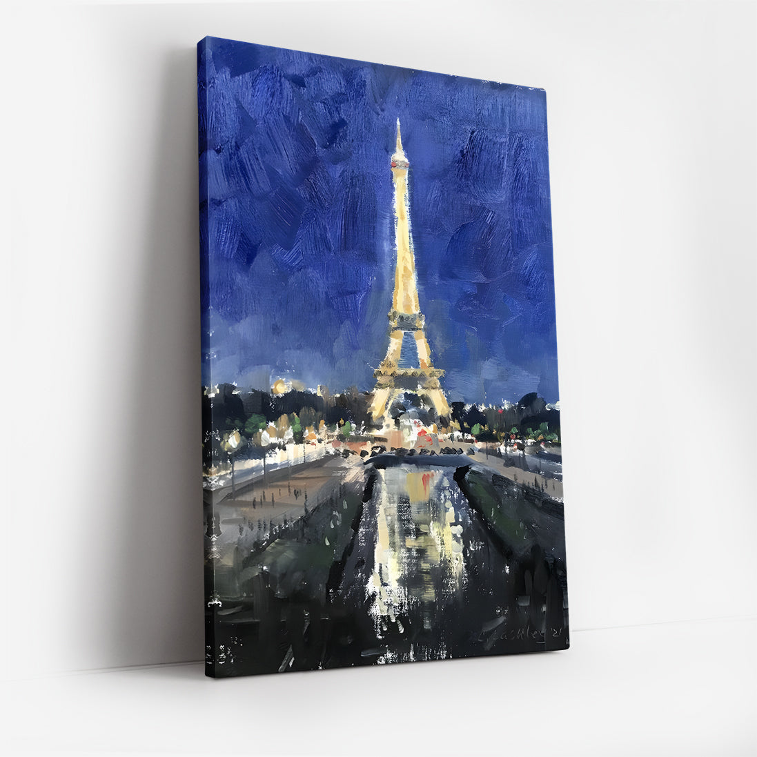 Eiffel Tower at Night Canvas Wall Art, Paris Landmark Painting, Impressionist Cityscape, Blue and Gold Modern Home Decor, Framed Artwork for Living Room or Bedroom
