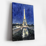 Eiffel Tower at Night Canvas Wall Art, Paris Landmark Painting, Impressionist Cityscape, Blue and Gold Modern Home Decor, Framed Artwork for Living Room or Bedroom