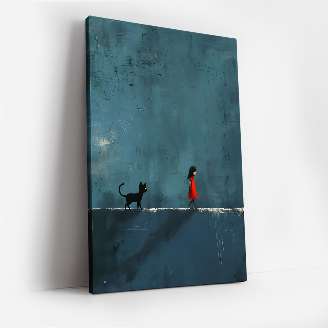 Girl and Cat Minimalist Canvas Wall Art, Whimsical Blue Abstract Painting, Modern Home Decor, Framed Canvas Wall Art, Unique Gift for Cat Lovers