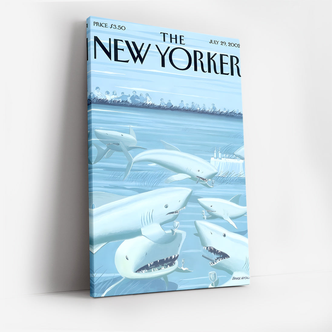 The New Yorker Cover Canvas Wall Art, Shark Illustration, Ocean Humor Decor, Modern Framed Print, Unique Living Room Art