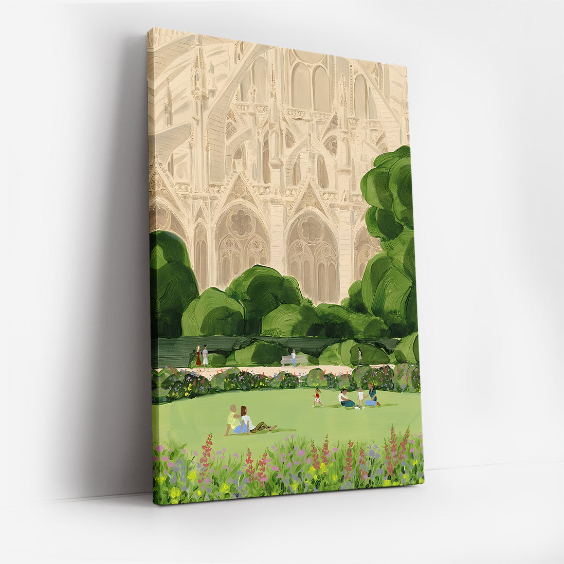 Notre Dame Park Scene Canvas Wall Art, Paris Landmark Decor, Botanical Landscape Print, Modern French Art for Living Room, Framed Canvas Wall Art, Elegant Gothic Cathedral Design
