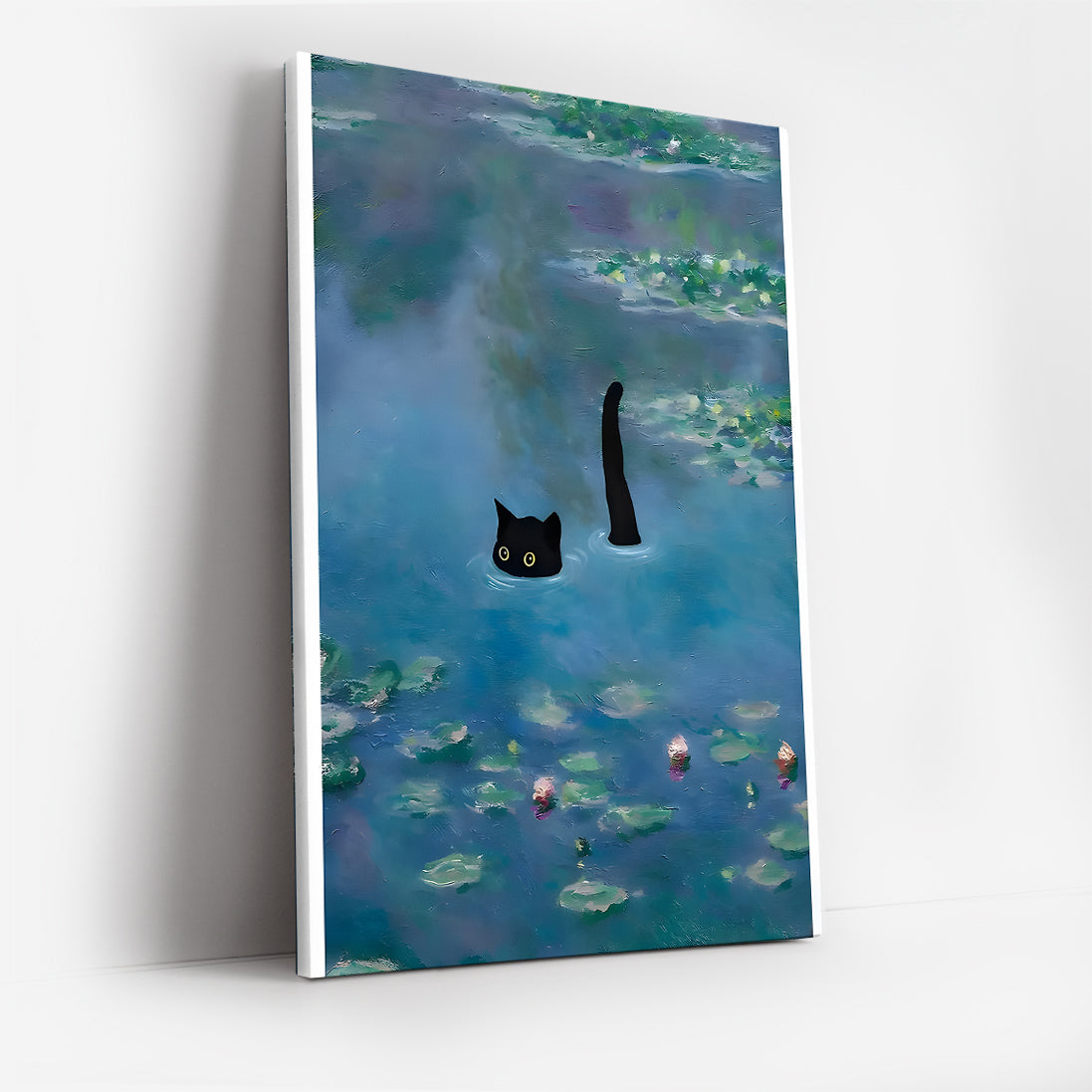 Black Cat in Water, Contemporary Whimsical Canvas Wall Art, Cute Animal Decor, Monet Inspired Lily Pond Artwork, Modern Home Accent