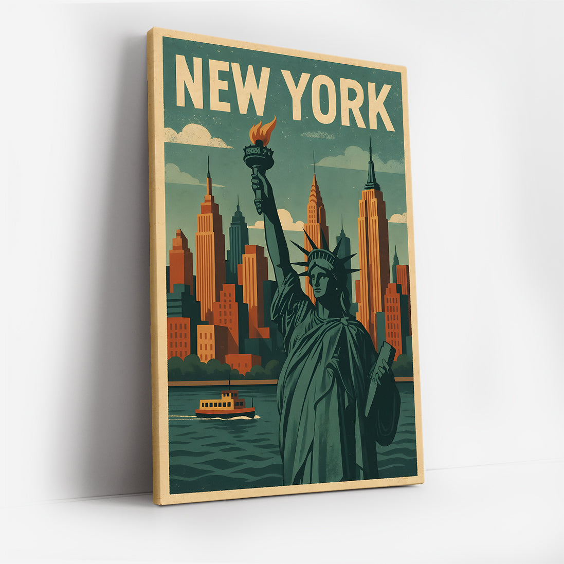 New York Skyline Canvas Wall Art, Statue of Liberty Wall Decor, Retro Cityscape Artwork, Modern Urban Home Accent