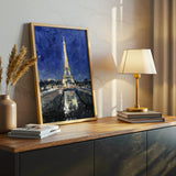 Eiffel Tower at Night Canvas Wall Art, Paris Landmark Painting, Impressionist Cityscape, Blue and Gold Modern Home Decor, Framed Artwork for Living Room or Bedroom