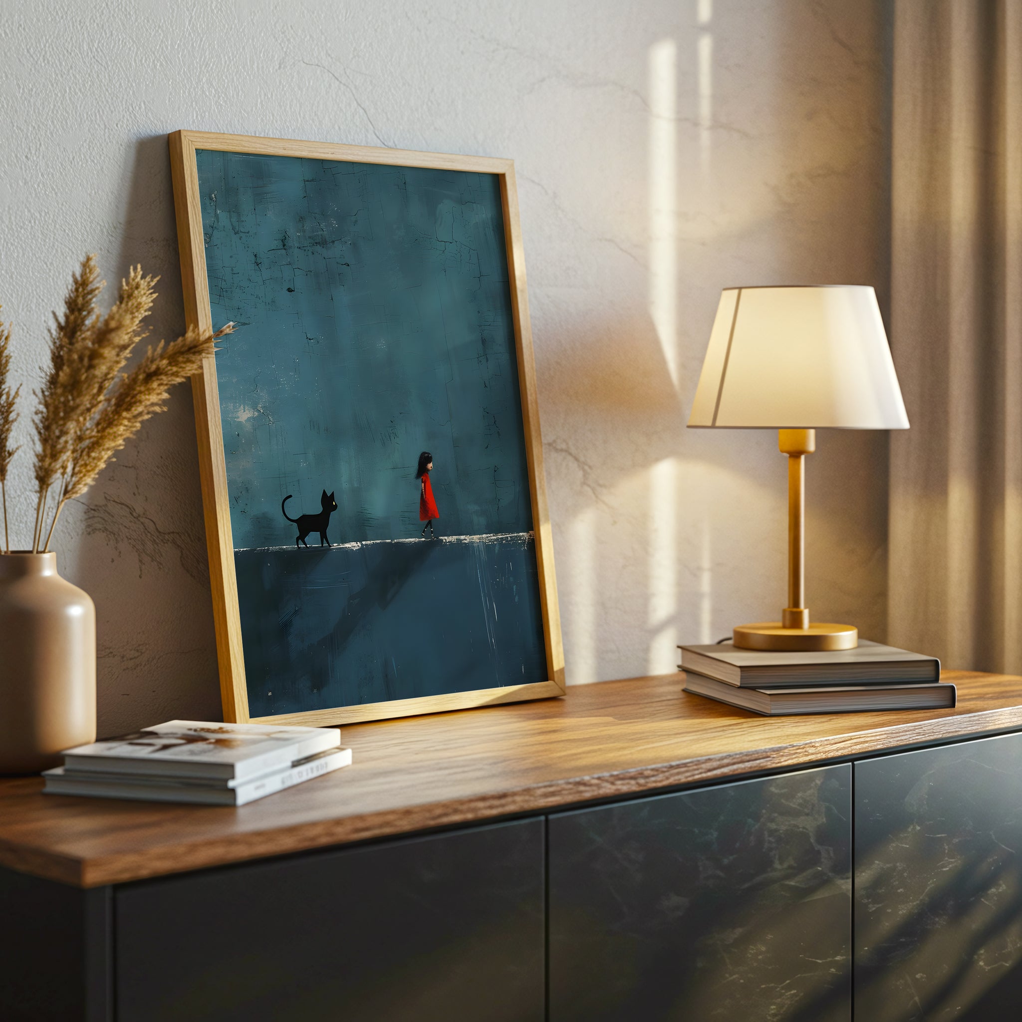 Girl and Cat Minimalist Canvas Wall Art, Whimsical Blue Abstract Painting, Modern Home Decor, Framed Canvas Wall Art, Unique Gift for Cat Lovers