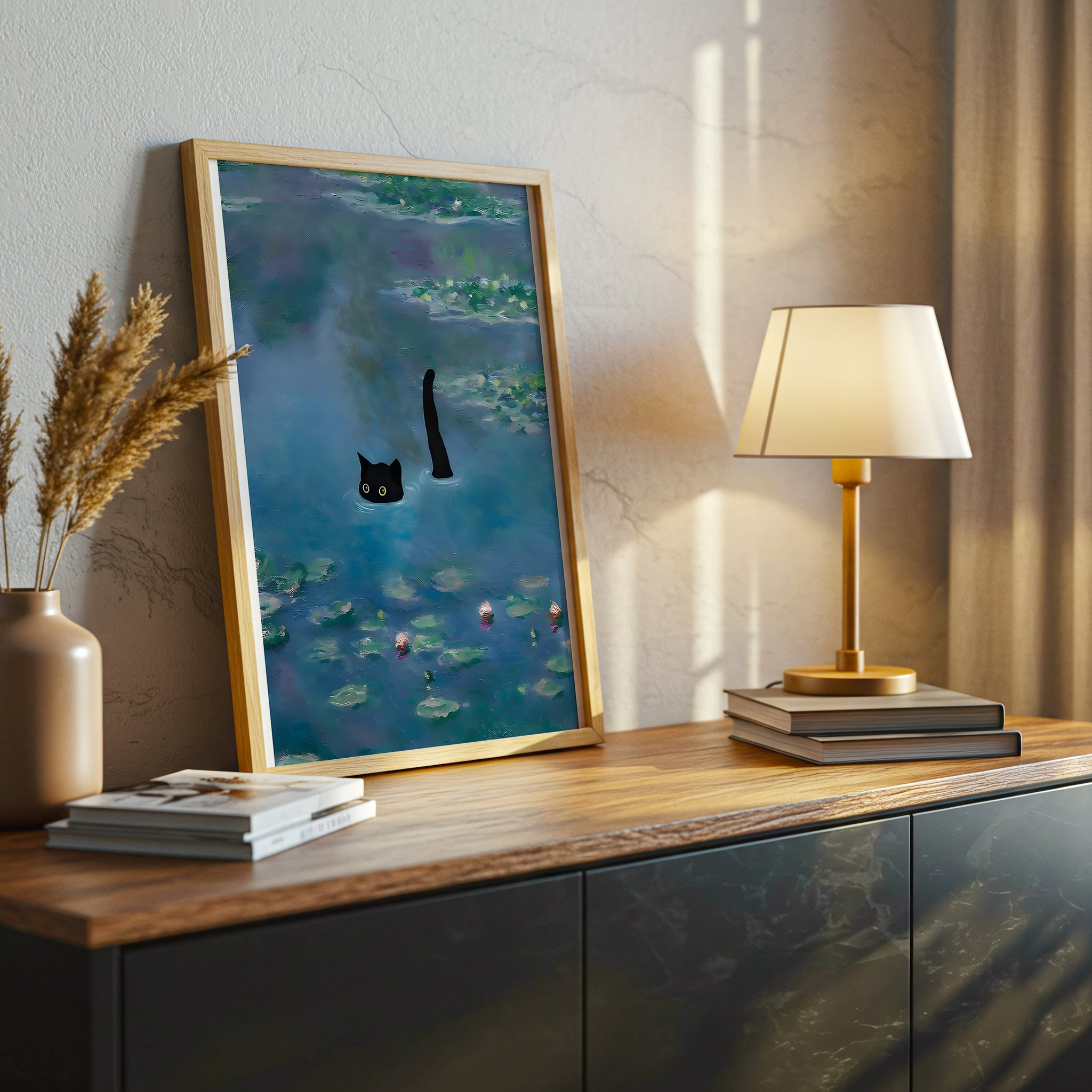 Black Cat in Water, Contemporary Whimsical Canvas Wall Art, Cute Animal Decor, Monet Inspired Lily Pond Artwork, Modern Home Accent