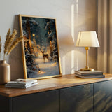 Enchanted Winter Forest with Deer, Holiday Lights, Canvas Wall Art, Snowy Woodland Scene, Festive Christmas Home Decor, Framed Modern Artwork