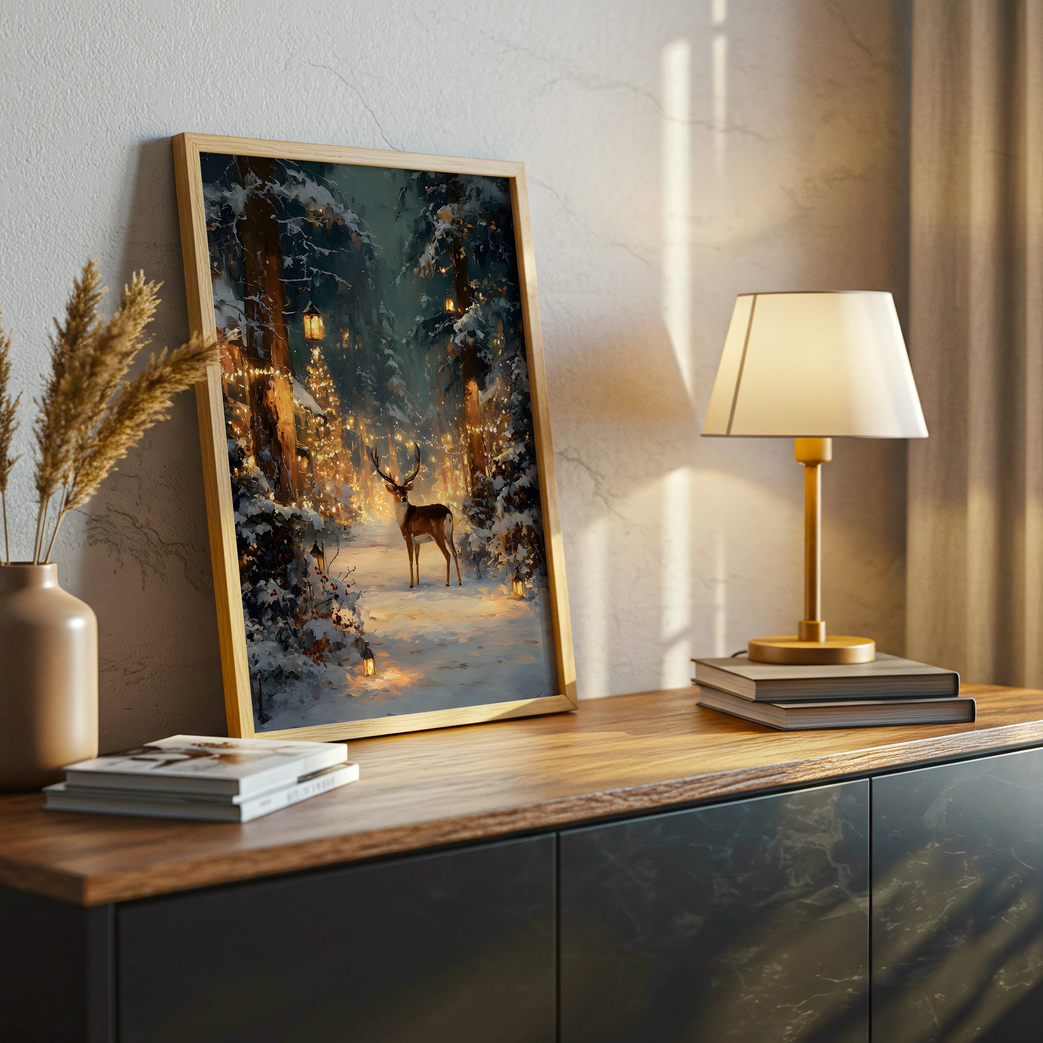 Enchanted Winter Forest with Deer, Holiday Lights, Canvas Wall Art, Snowy Woodland Scene, Festive Christmas Home Decor, Framed Modern Artwork