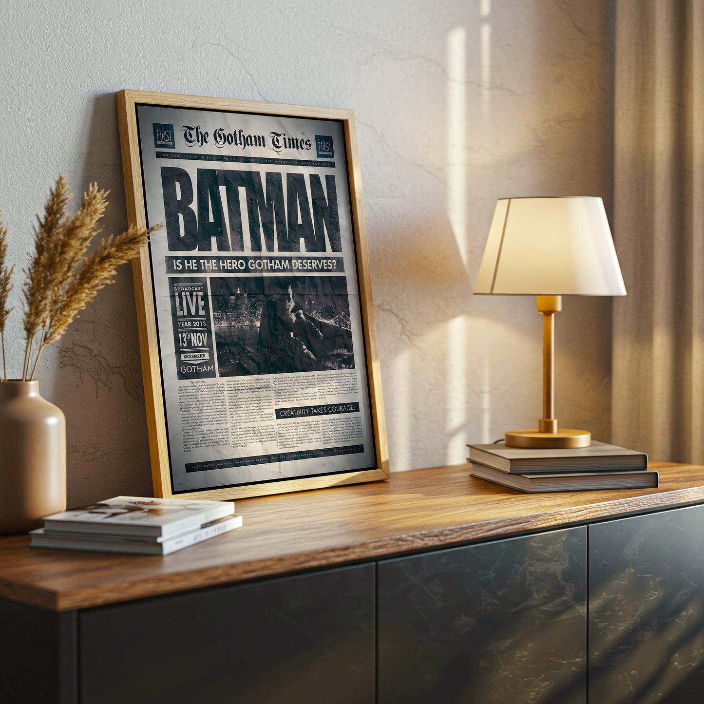 Batman Newspaper Poster Canvas Wall Art, Gotham Times Headline Print, Superhero Room Decor, Modern Comic Art, Framed Home Office Wall Decoration