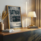 Batman Newspaper Poster Canvas Wall Art, Gotham Times Headline Print, Superhero Room Decor, Modern Comic Art, Framed Home Office Wall Decoration