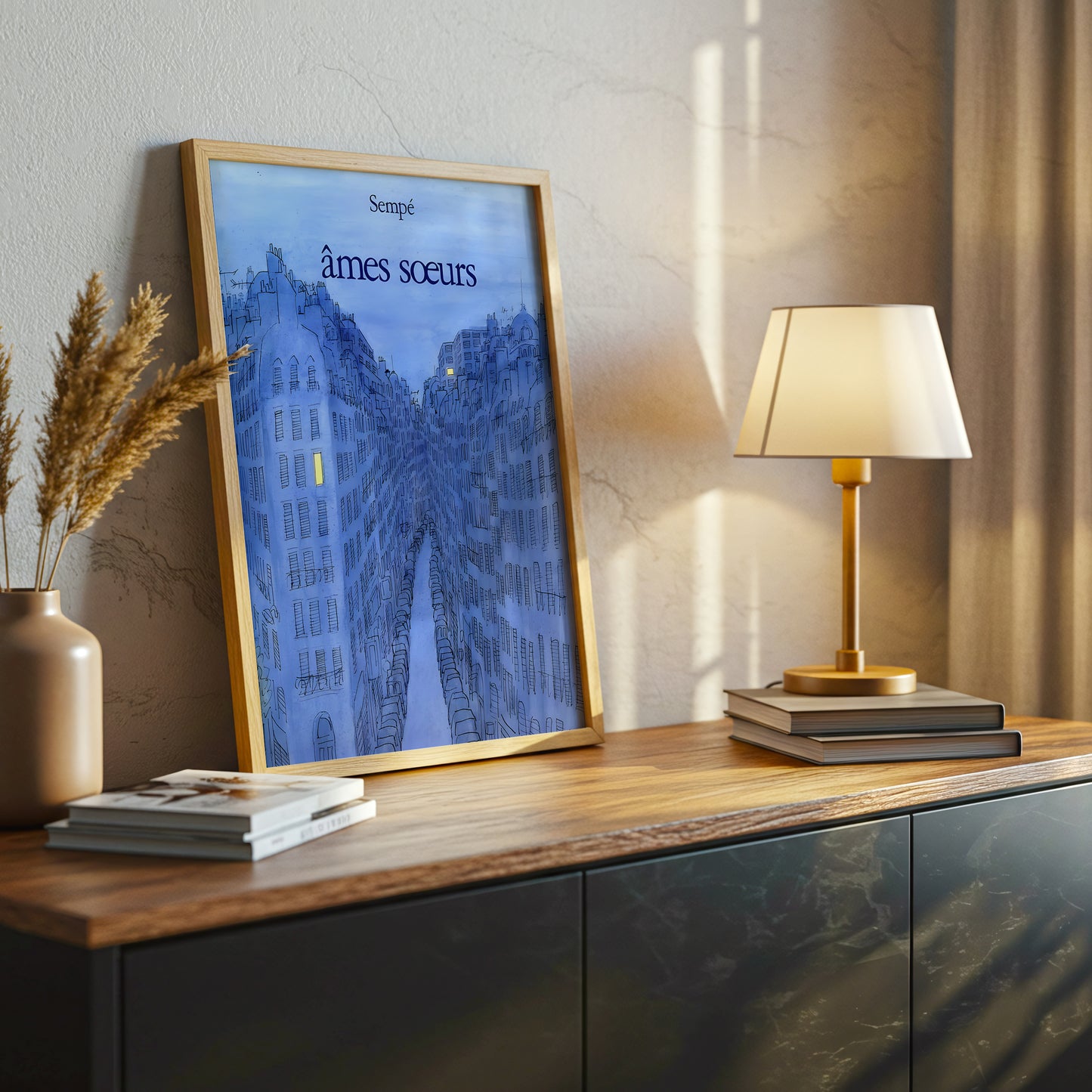 Paris Blue Cityscape Canvas Wall Art, Sempé Illustration, French Street Decor, Soulmates Wall Print, Urban Romantic Gift, Modern Home Accent