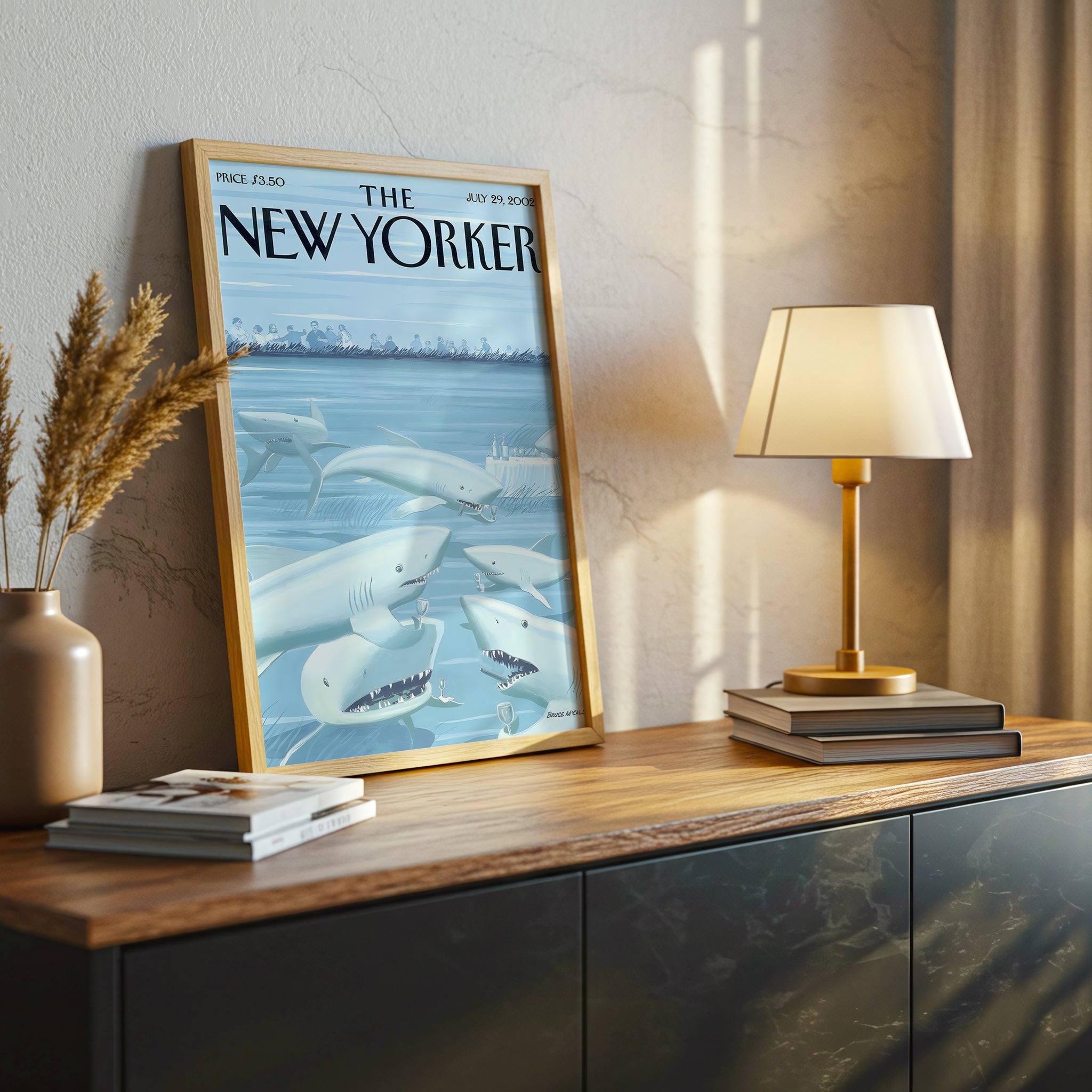 The New Yorker Cover Canvas Wall Art, Shark Illustration, Ocean Humor Decor, Modern Framed Print, Unique Living Room Art
