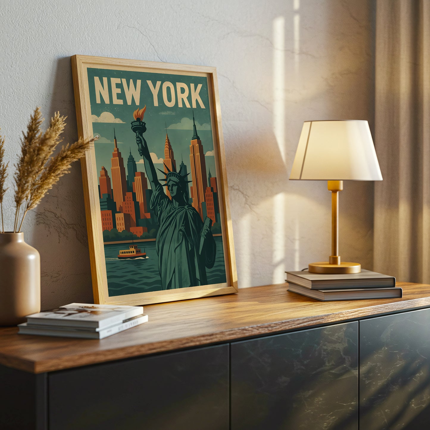 New York Skyline Canvas Wall Art, Statue of Liberty Wall Decor, Retro Cityscape Artwork, Modern Urban Home Accent