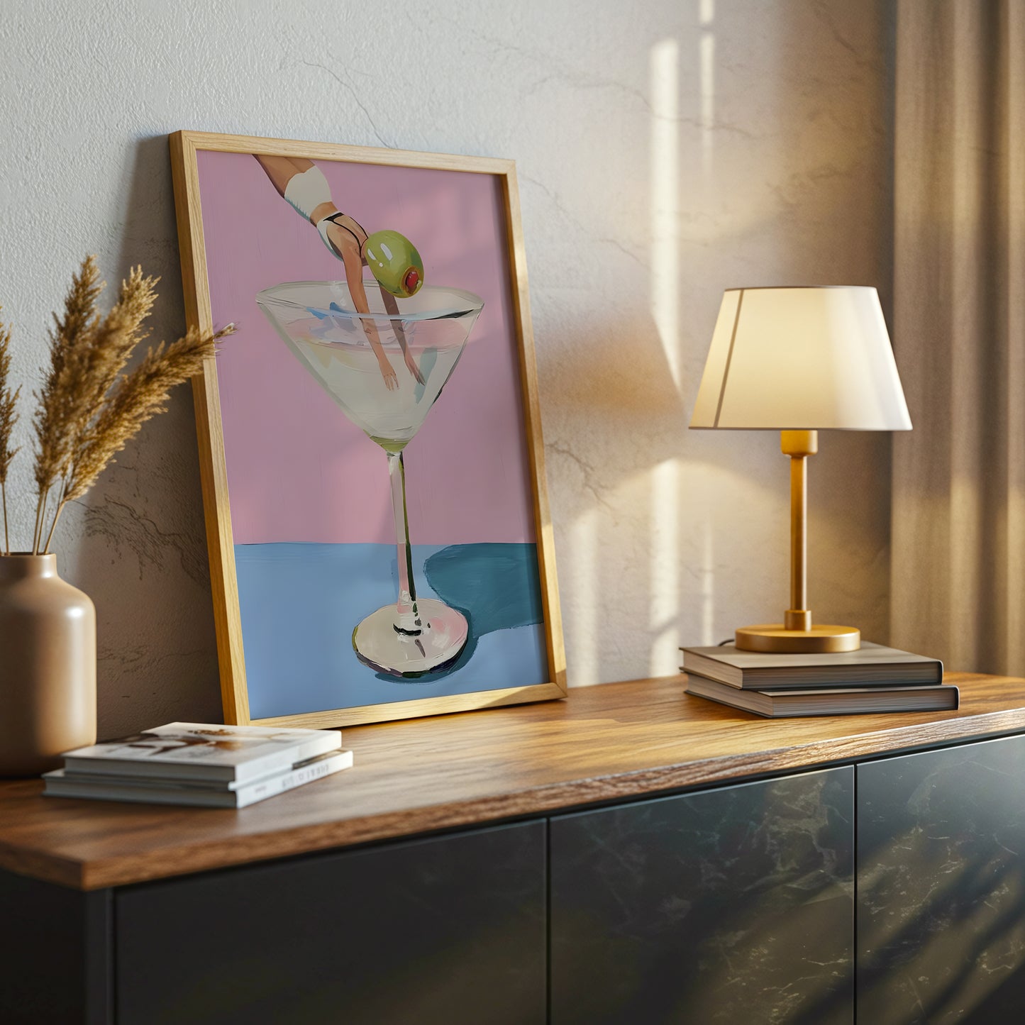 Diver Martini Canvas Wall Art, Modern Surreal Cocktail Painting, Whimsical Home Decor, Pink and Blue Art Print, Framed Art for Living Room or Bar