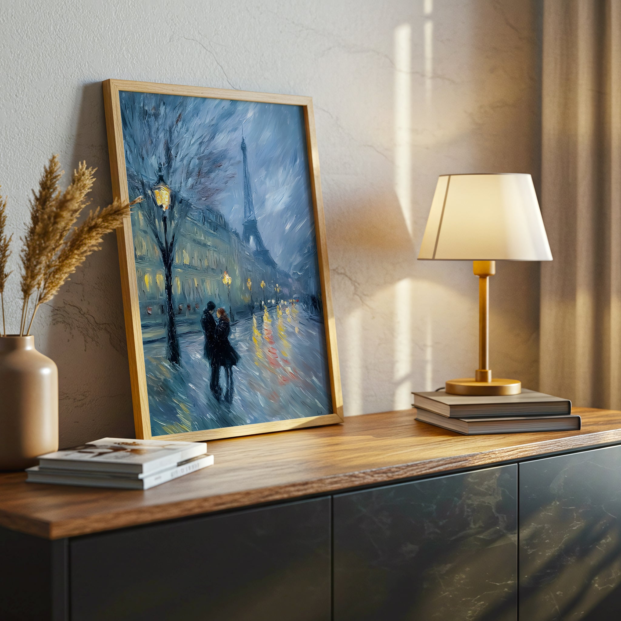 Paris Romance at Night Canvas Wall Art, Eiffel Tower Cityscape Painting, Impressionist Couple Under Streetlights, Modern Home Decor