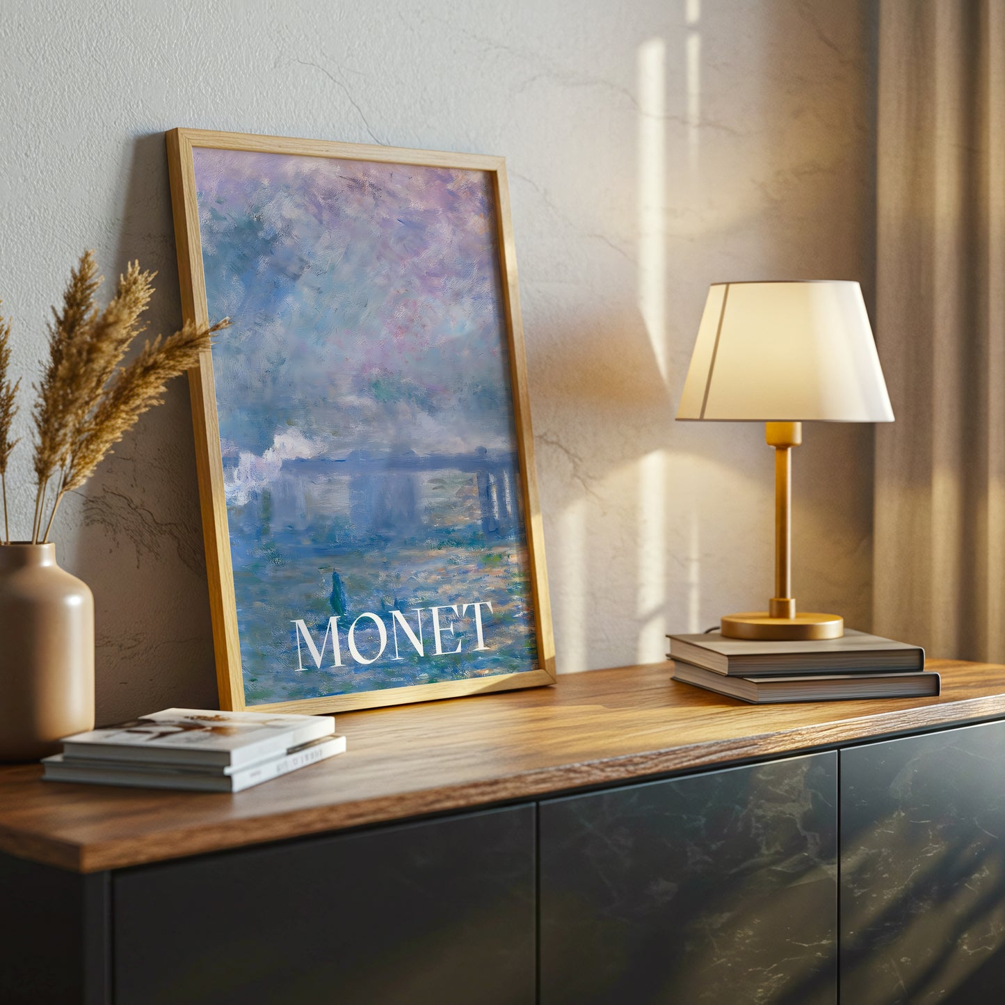 Monet Impressionist Art Canvas Wall Art, Framed Blue and Pink Seascape Print, Modern Living Room and Bedroom Décor, Fine Art Reproduction