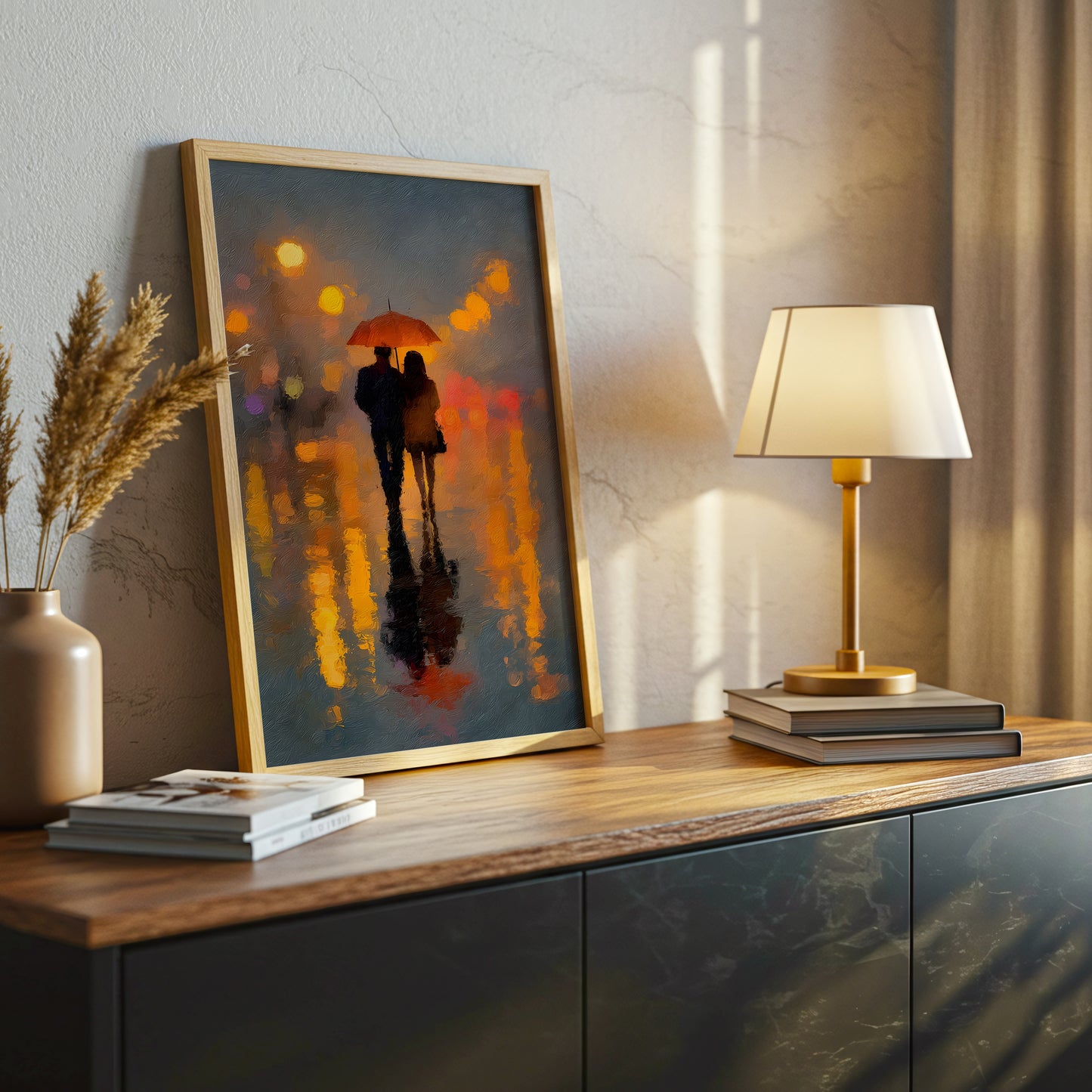 Romantic Couple Under Red Umbrella Canvas Wall Art, City Lights Abstract Painting, Modern Home Decor, Framed Artwork for Living Room or Bedroom