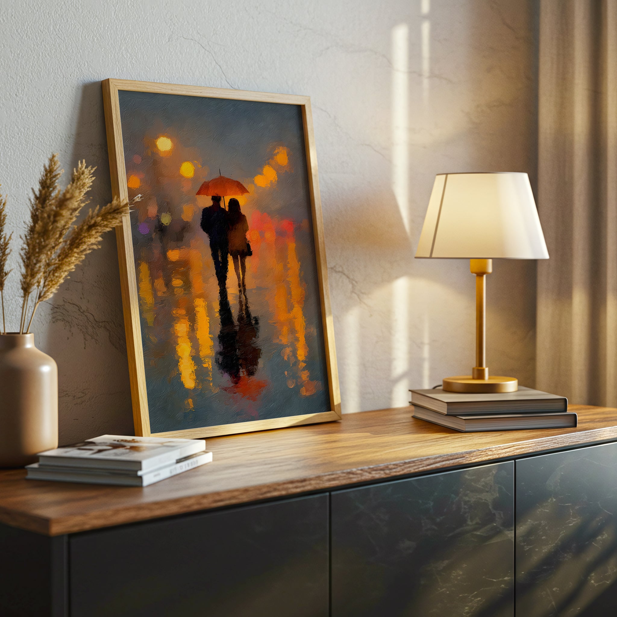 Romantic Couple Under Red Umbrella Canvas Wall Art, City Lights Abstract Painting, Modern Home Decor, Framed Artwork for Living Room or Bedroom