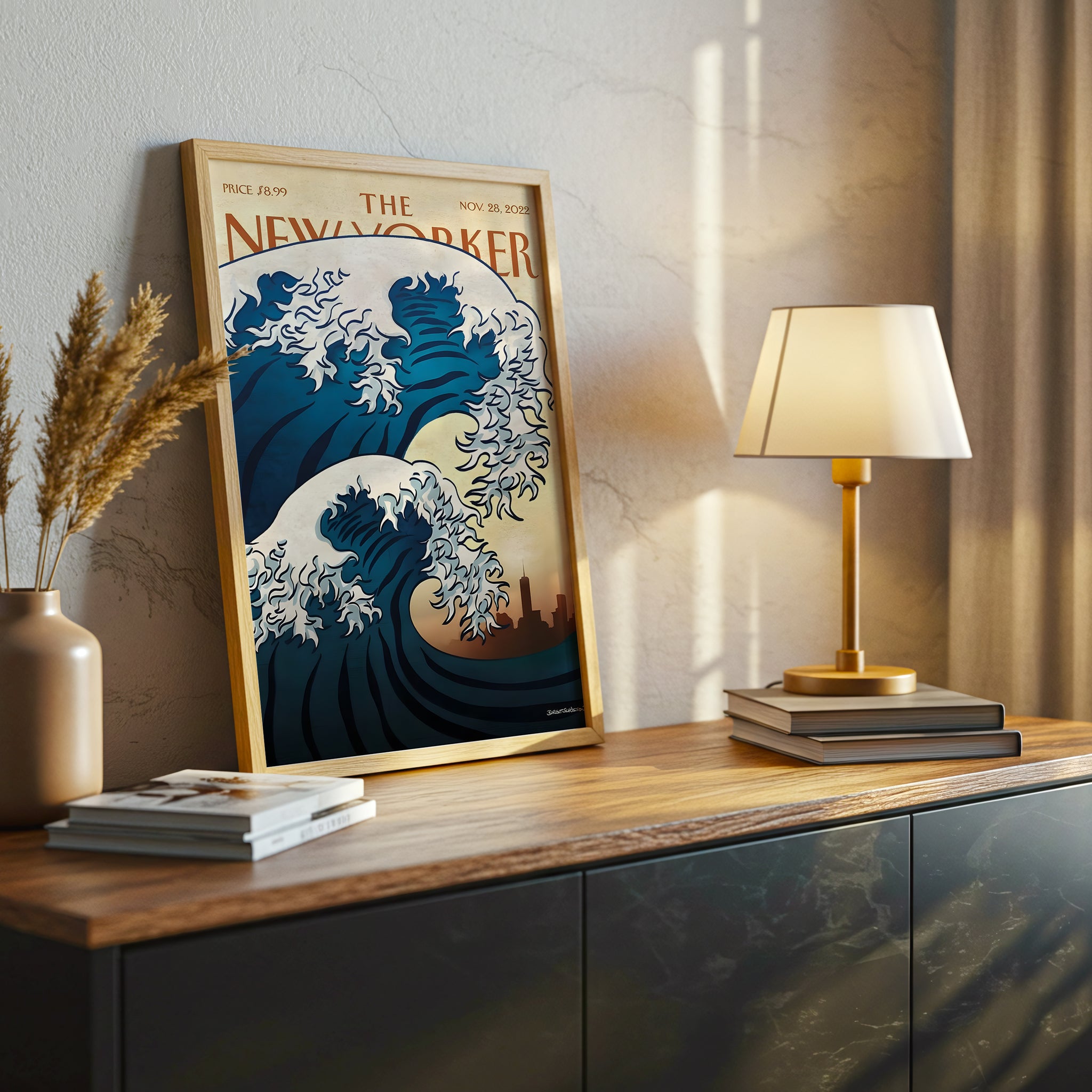 The New Yorker Magazine Cover Canvas Wall Art, Great Wave Modern Ocean Print, Japanese Art Inspired, Framed Ready to Hang, Blue Sea Wall Decor, Living Room Office Home Decoration