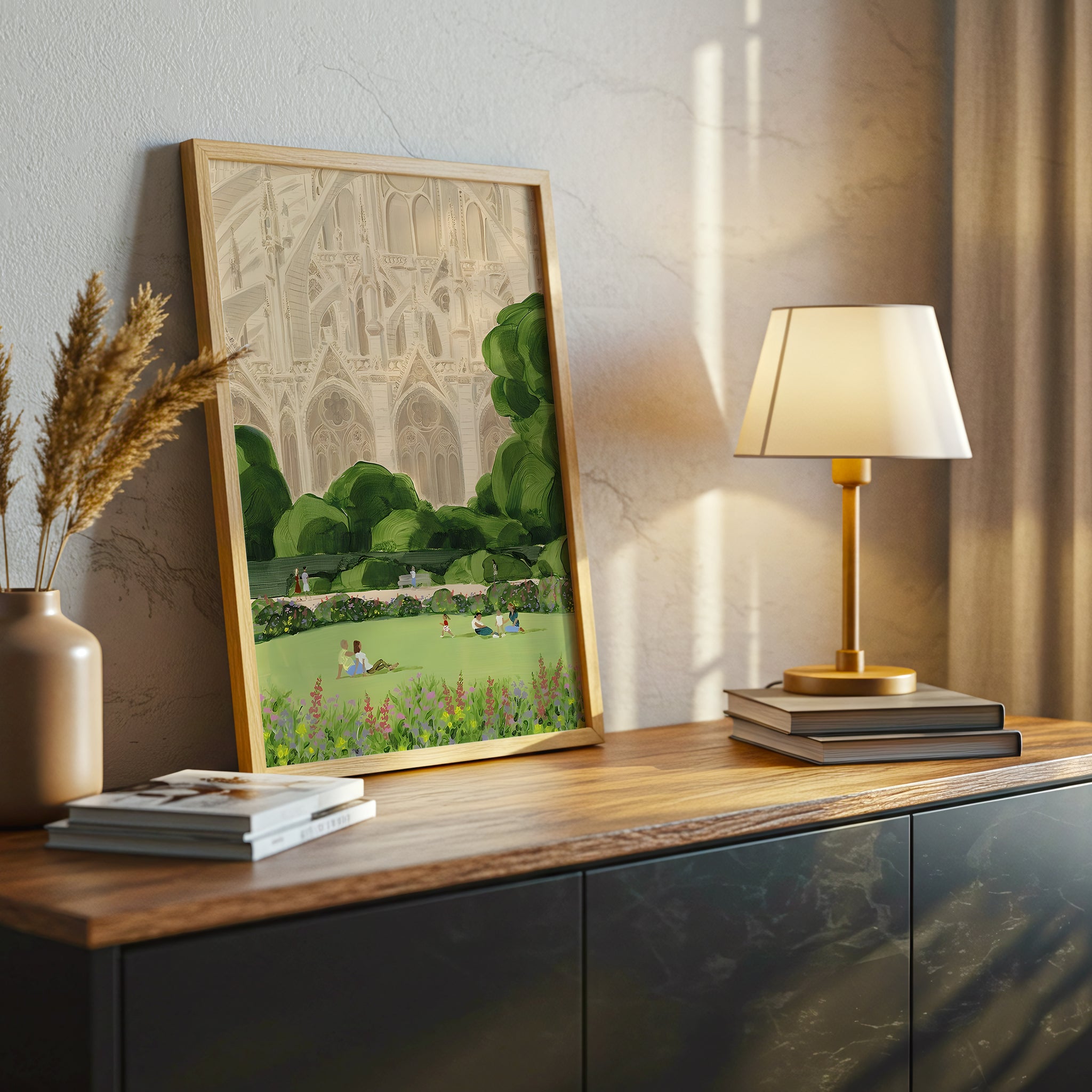 Notre Dame Park Scene Canvas Wall Art, Paris Landmark Decor, Botanical Landscape Print, Modern French Art for Living Room, Framed Canvas Wall Art, Elegant Gothic Cathedral Design