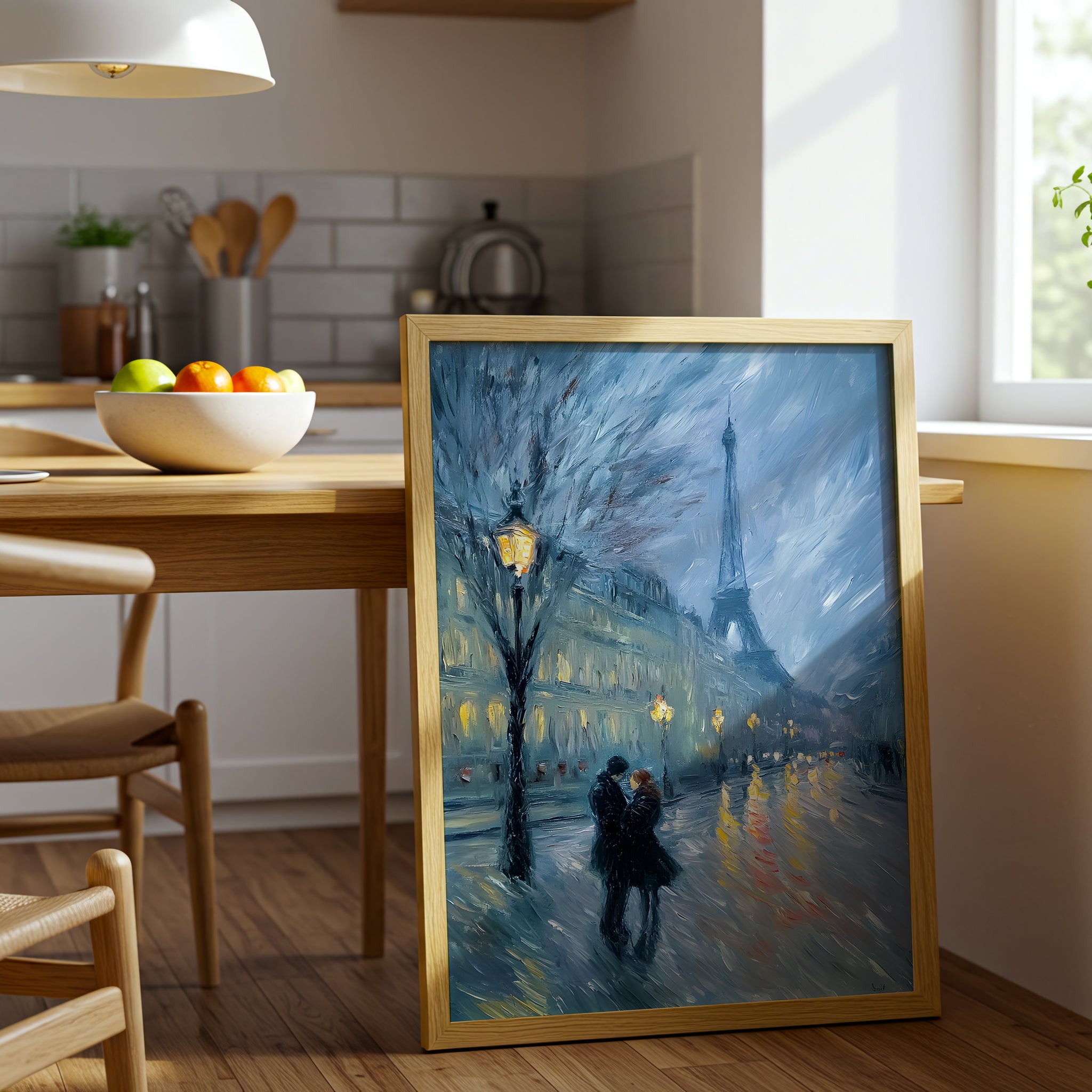 Paris Romance at Night Canvas Wall Art, Eiffel Tower Cityscape Painting, Impressionist Couple Under Streetlights, Modern Home Decor
