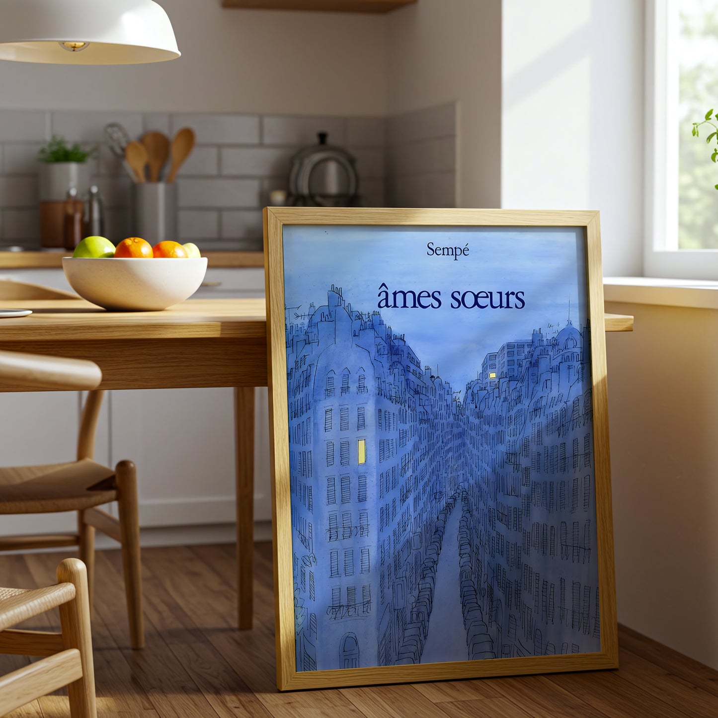 Paris Blue Cityscape Canvas Wall Art, Sempé Illustration, French Street Decor, Soulmates Wall Print, Urban Romantic Gift, Modern Home Accent