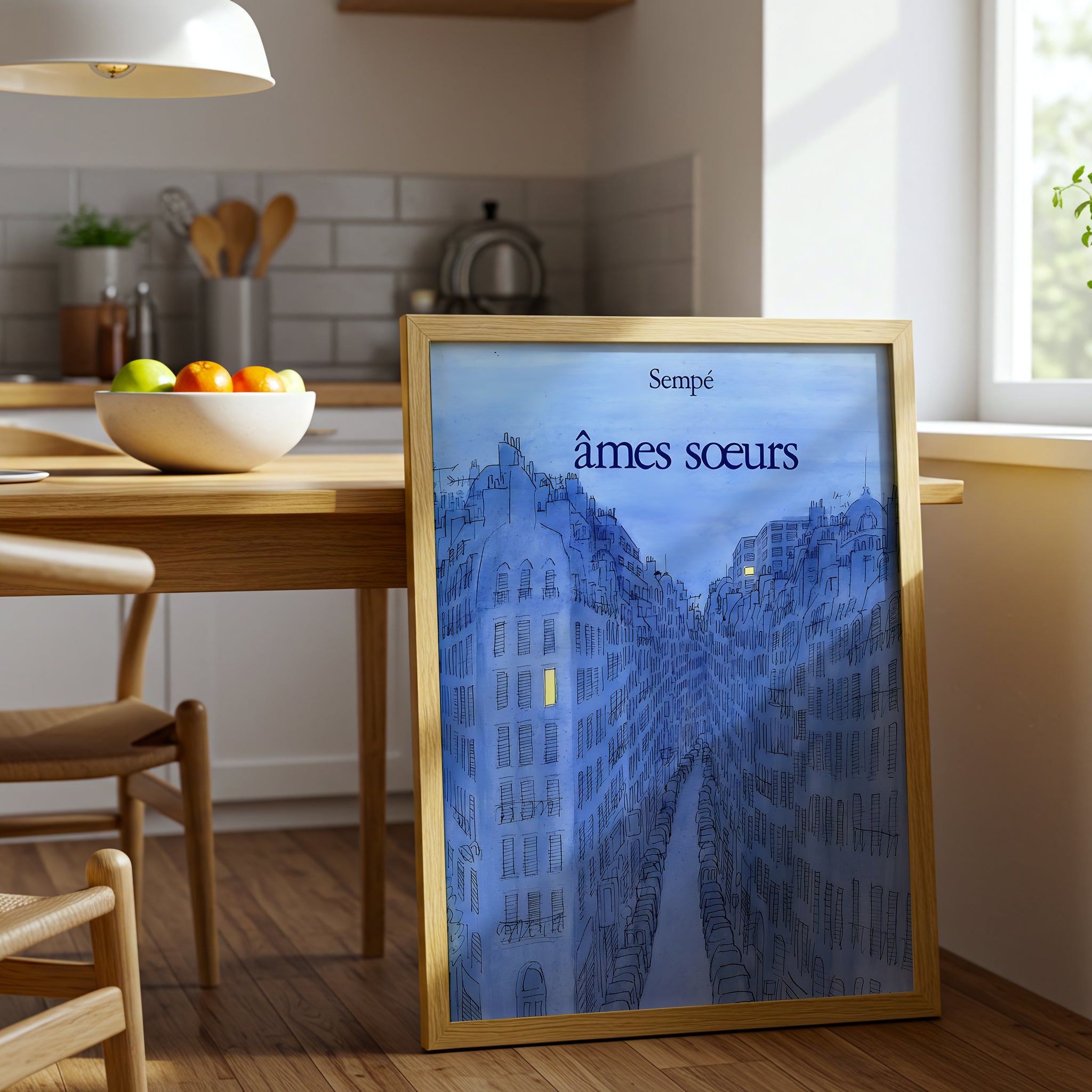 Paris Blue Cityscape Canvas Wall Art, Sempé Illustration, French Street Decor, Soulmates Wall Print, Urban Romantic Gift, Modern Home Accent