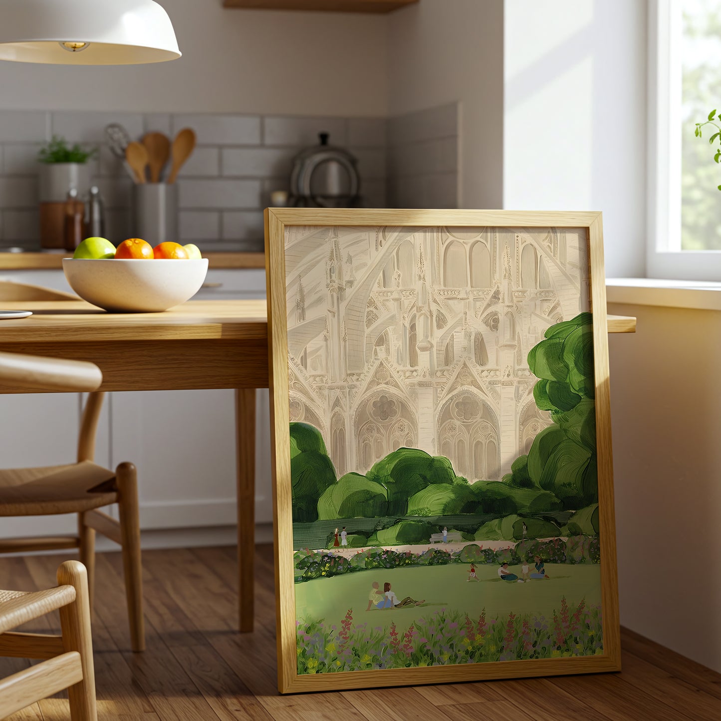 Notre Dame Park Scene Canvas Wall Art, Paris Landmark Decor, Botanical Landscape Print, Modern French Art for Living Room, Framed Canvas Wall Art, Elegant Gothic Cathedral Design