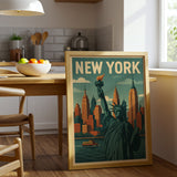 New York Skyline Canvas Wall Art, Statue of Liberty Wall Decor, Retro Cityscape Artwork, Modern Urban Home Accent
