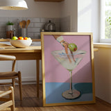 Diver Martini Canvas Wall Art, Modern Surreal Cocktail Painting, Whimsical Home Decor, Pink and Blue Art Print, Framed Art for Living Room or Bar