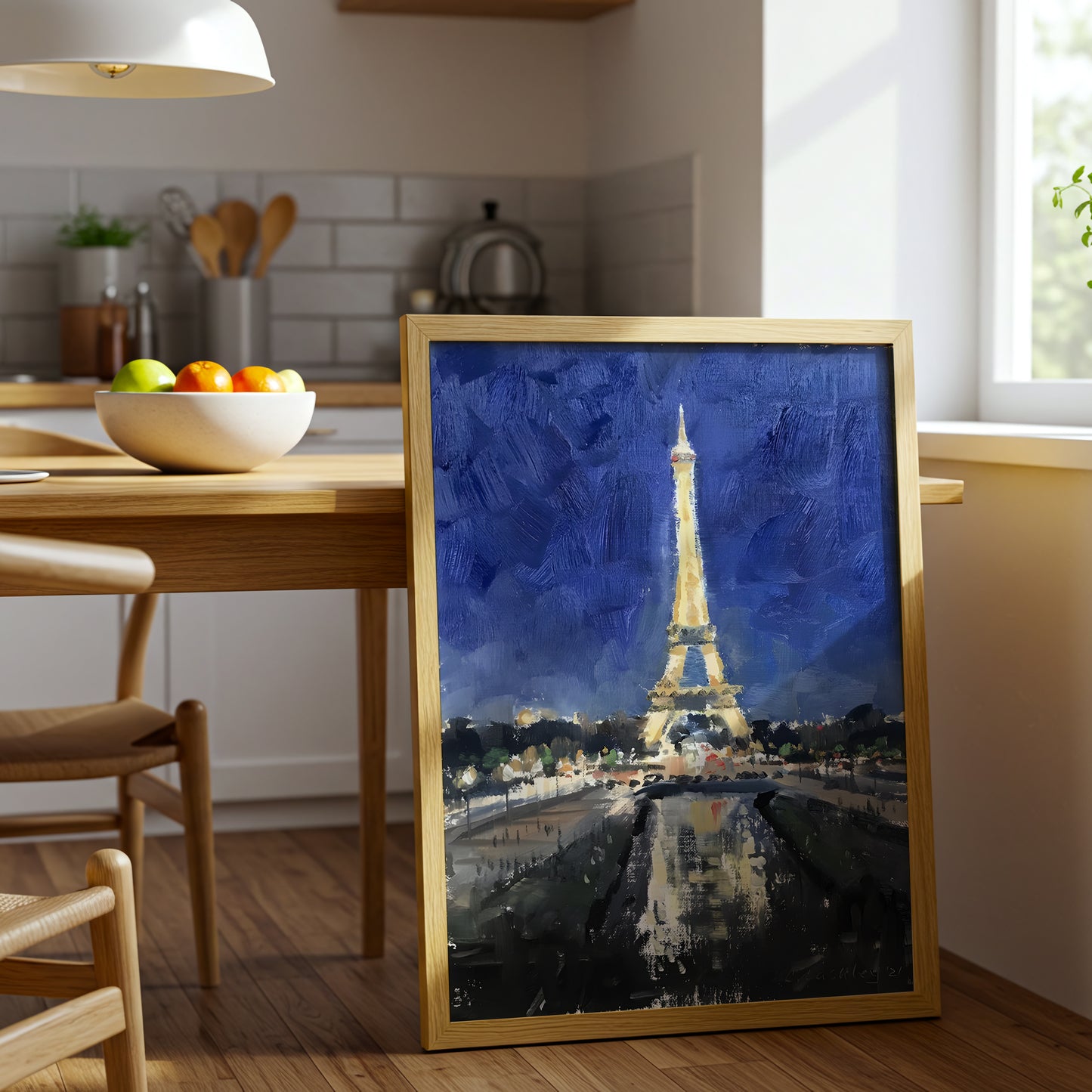 Eiffel Tower at Night Canvas Wall Art, Paris Landmark Painting, Impressionist Cityscape, Blue and Gold Modern Home Decor, Framed Artwork for Living Room or Bedroom