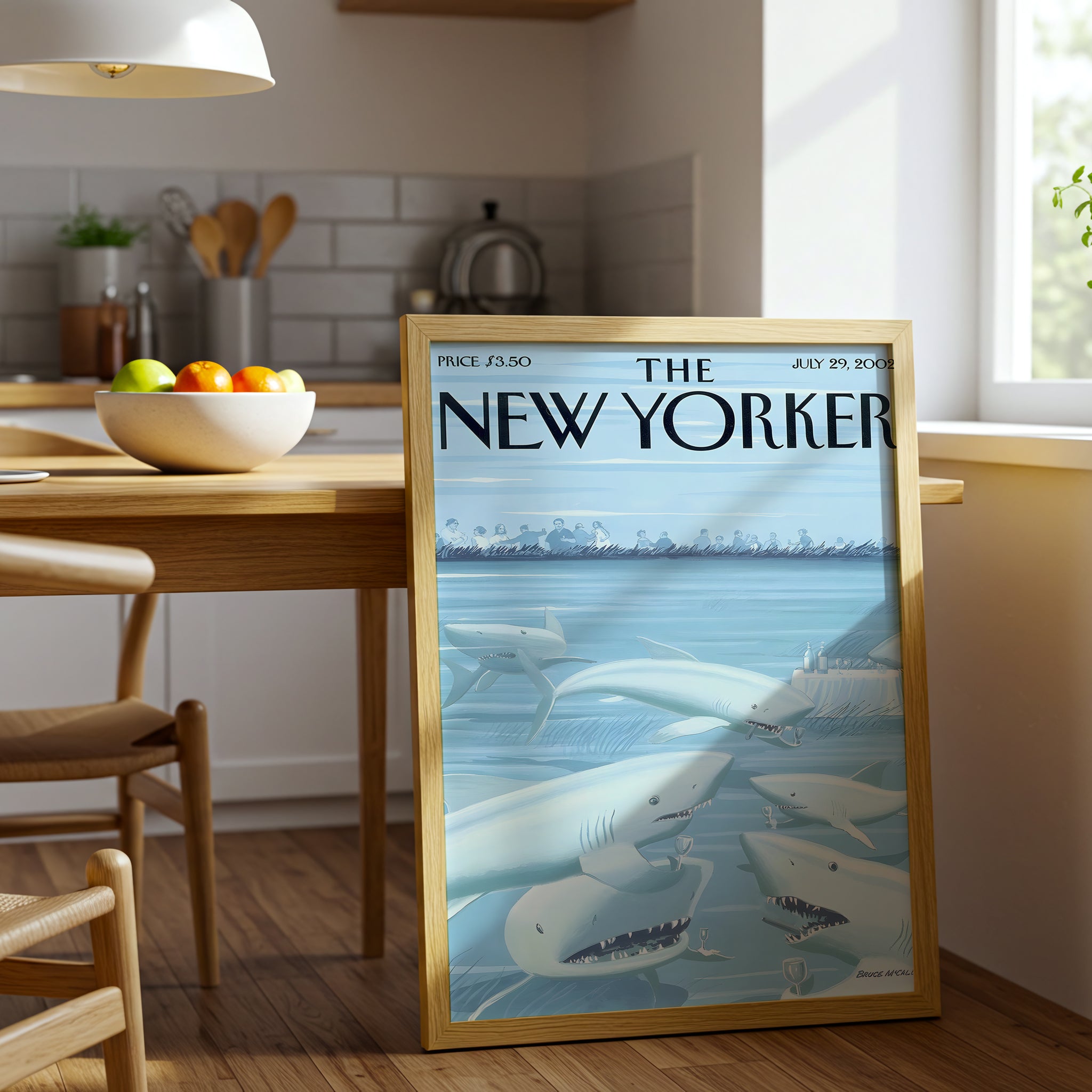 The New Yorker Cover Canvas Wall Art, Shark Illustration, Ocean Humor Decor, Modern Framed Print, Unique Living Room Art