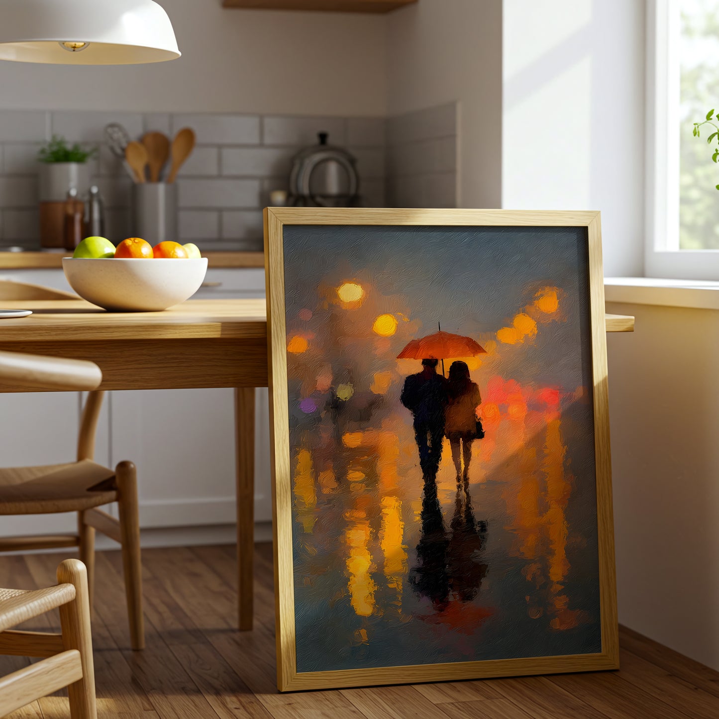 Romantic Couple Under Red Umbrella Canvas Wall Art, City Lights Abstract Painting, Modern Home Decor, Framed Artwork for Living Room or Bedroom