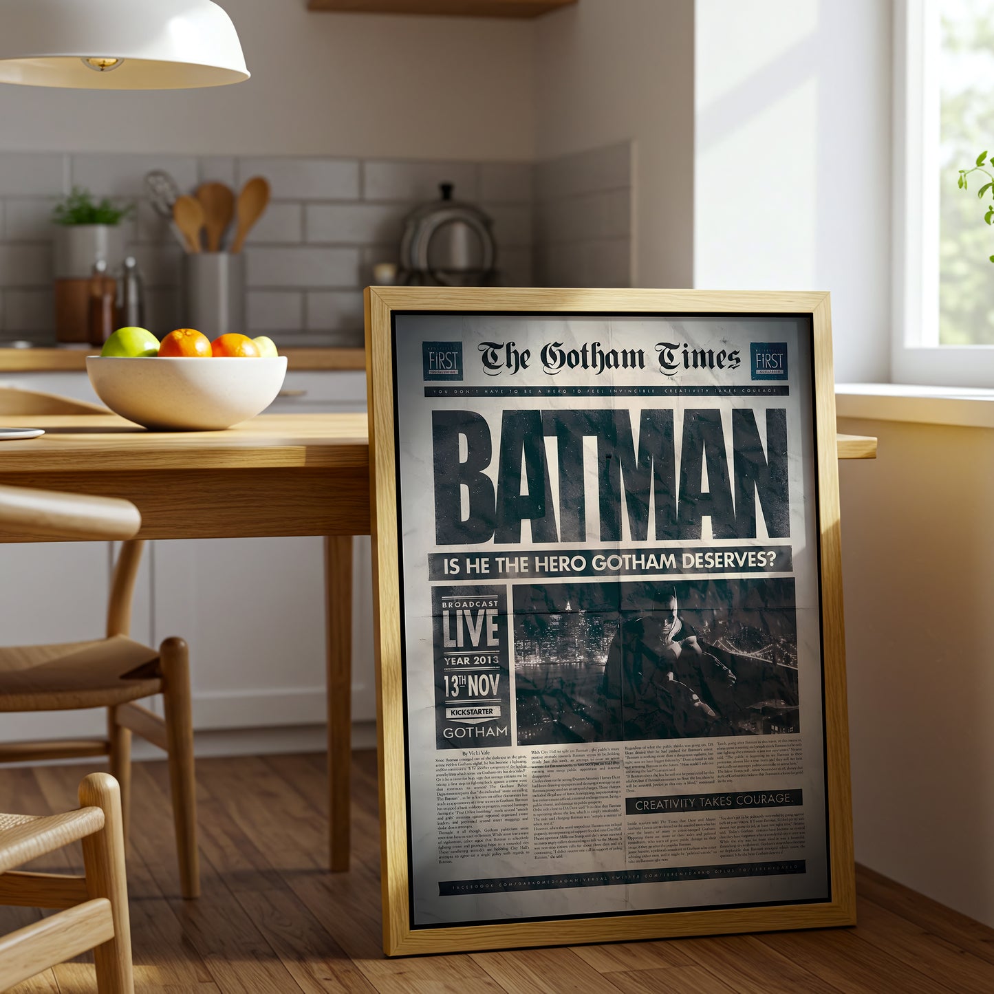 Batman Newspaper Poster Canvas Wall Art, Gotham Times Headline Print, Superhero Room Decor, Modern Comic Art, Framed Home Office Wall Decoration