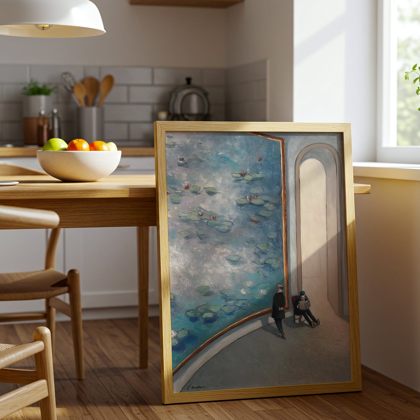 Gallery Room Scene with Large Water Lilies Canvas Wall Art, Modern Art Museum Decor, Impressionist Inspired Wall Art, Framed Home Decoration