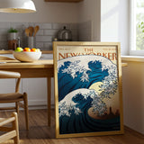 The New Yorker Magazine Cover Canvas Wall Art, Great Wave Modern Ocean Print, Japanese Art Inspired, Framed Ready to Hang, Blue Sea Wall Decor, Living Room Office Home Decoration