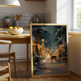 Enchanted Winter Forest with Deer, Holiday Lights, Canvas Wall Art, Snowy Woodland Scene, Festive Christmas Home Decor, Framed Modern Artwork