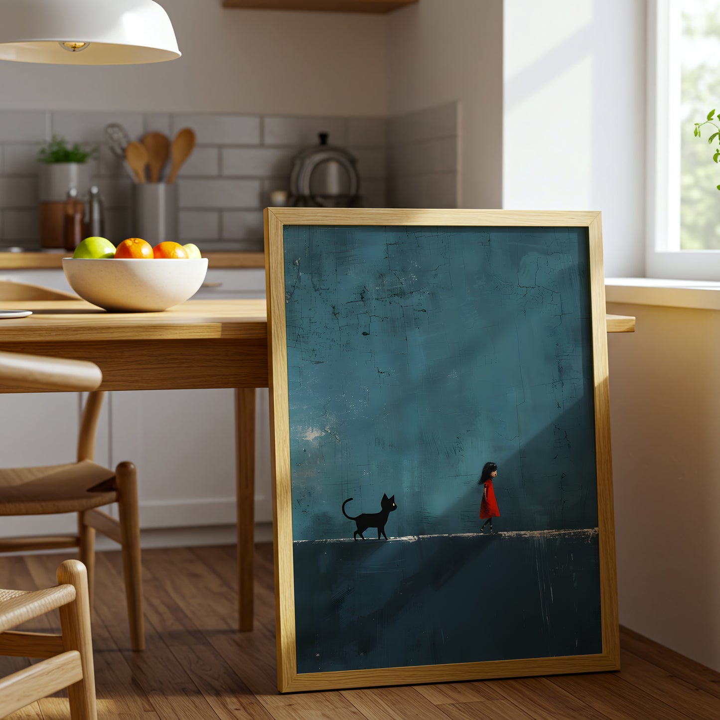 Girl and Cat Minimalist Canvas Wall Art, Whimsical Blue Abstract Painting, Modern Home Decor, Framed Canvas Wall Art, Unique Gift for Cat Lovers