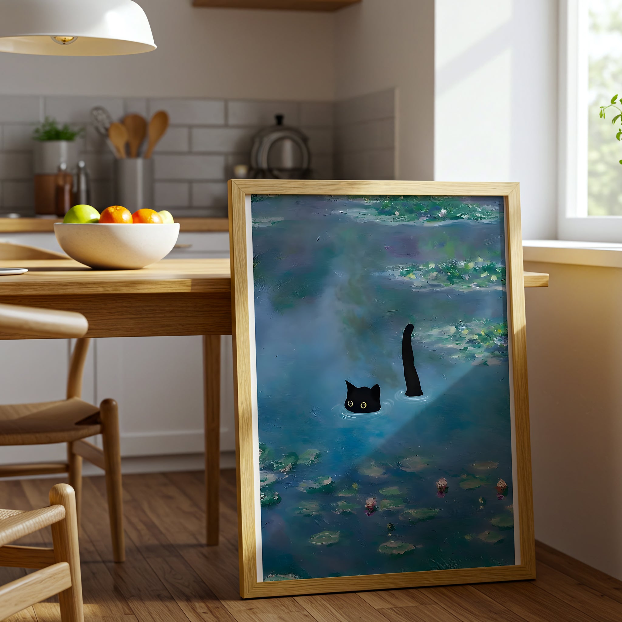 Black Cat in Water, Contemporary Whimsical Canvas Wall Art, Cute Animal Decor, Monet Inspired Lily Pond Artwork, Modern Home Accent