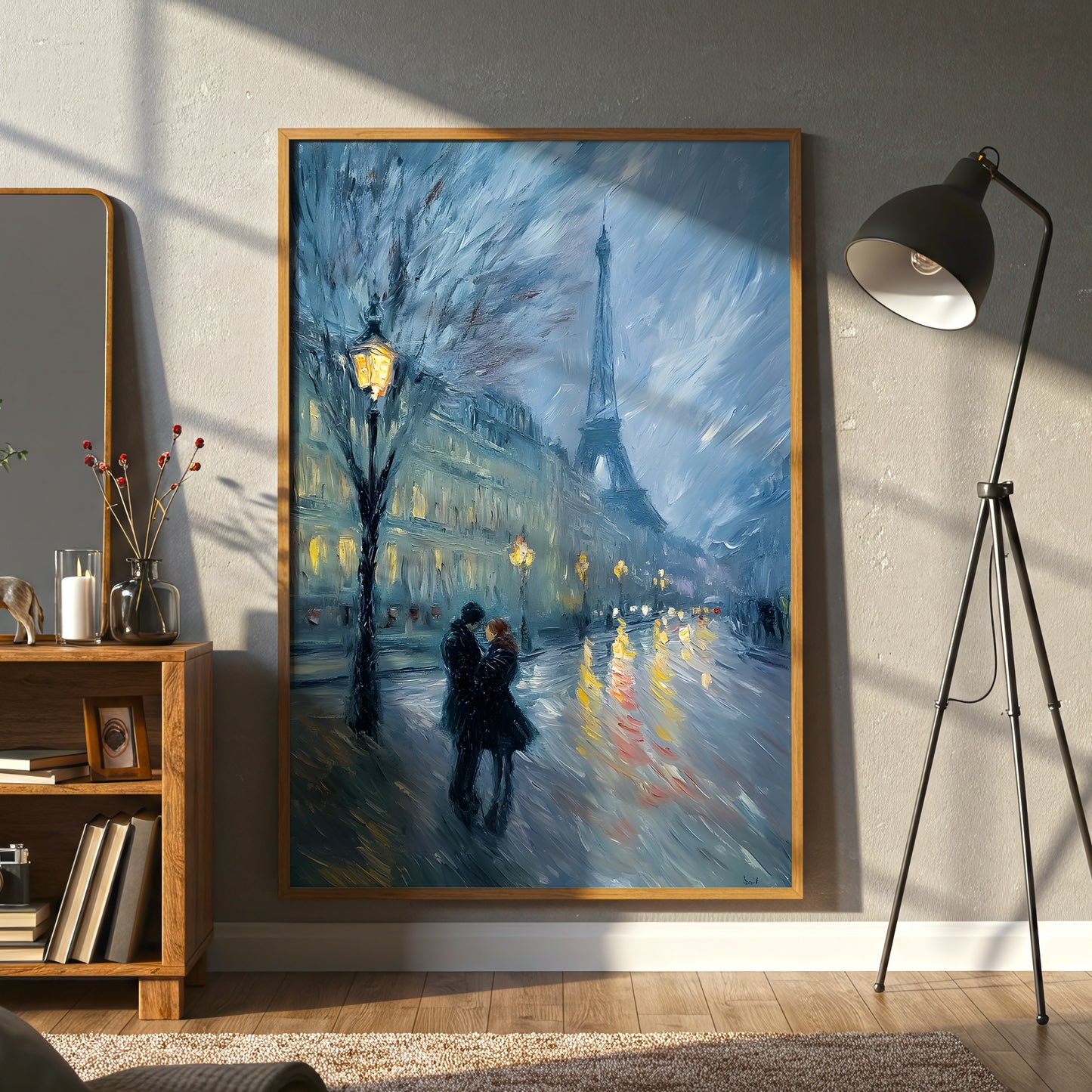 Paris Romance at Night Canvas Wall Art, Eiffel Tower Cityscape Painting, Impressionist Couple Under Streetlights, Modern Home Decor
