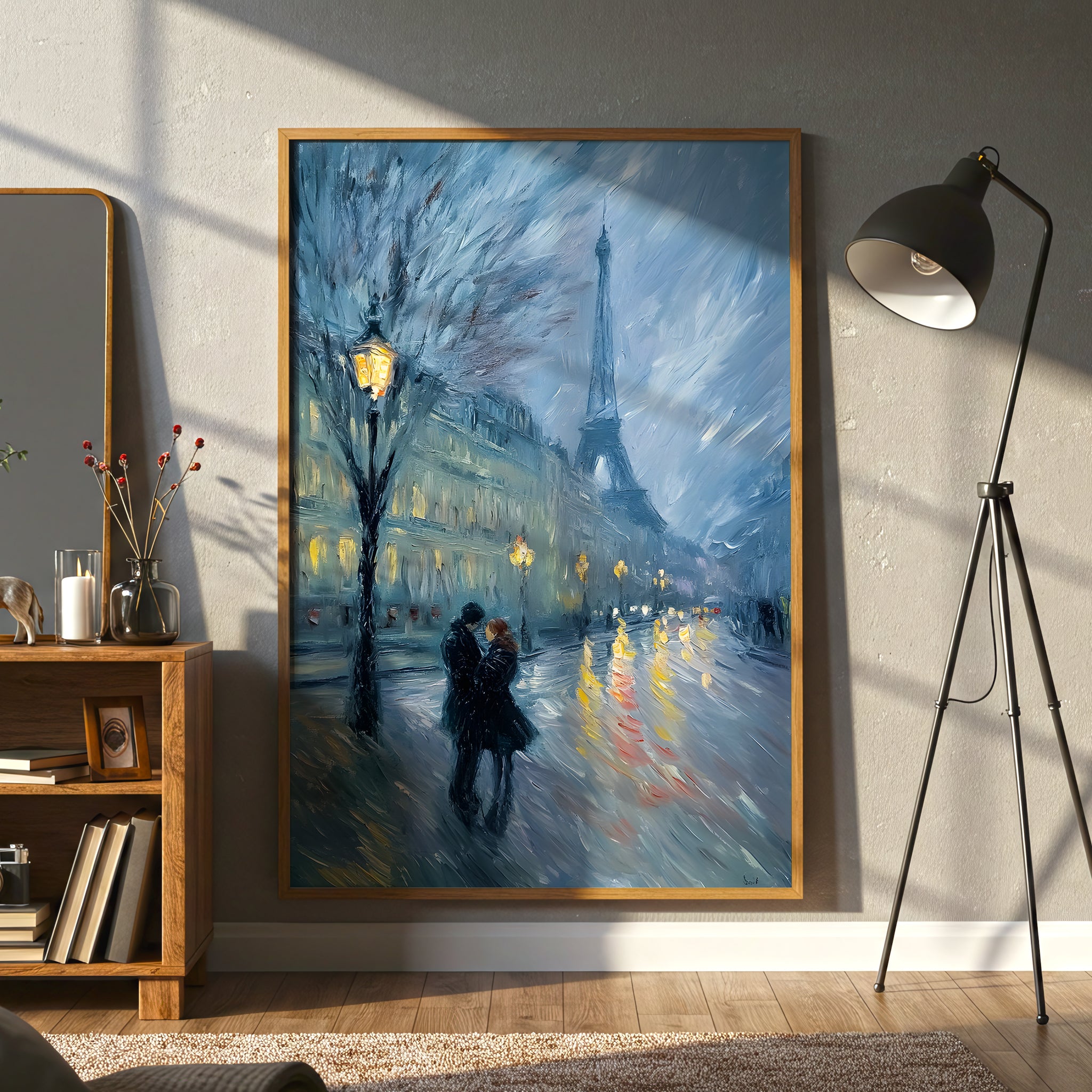 Paris Romance at Night Canvas Wall Art, Eiffel Tower Cityscape Painting, Impressionist Couple Under Streetlights, Modern Home Decor