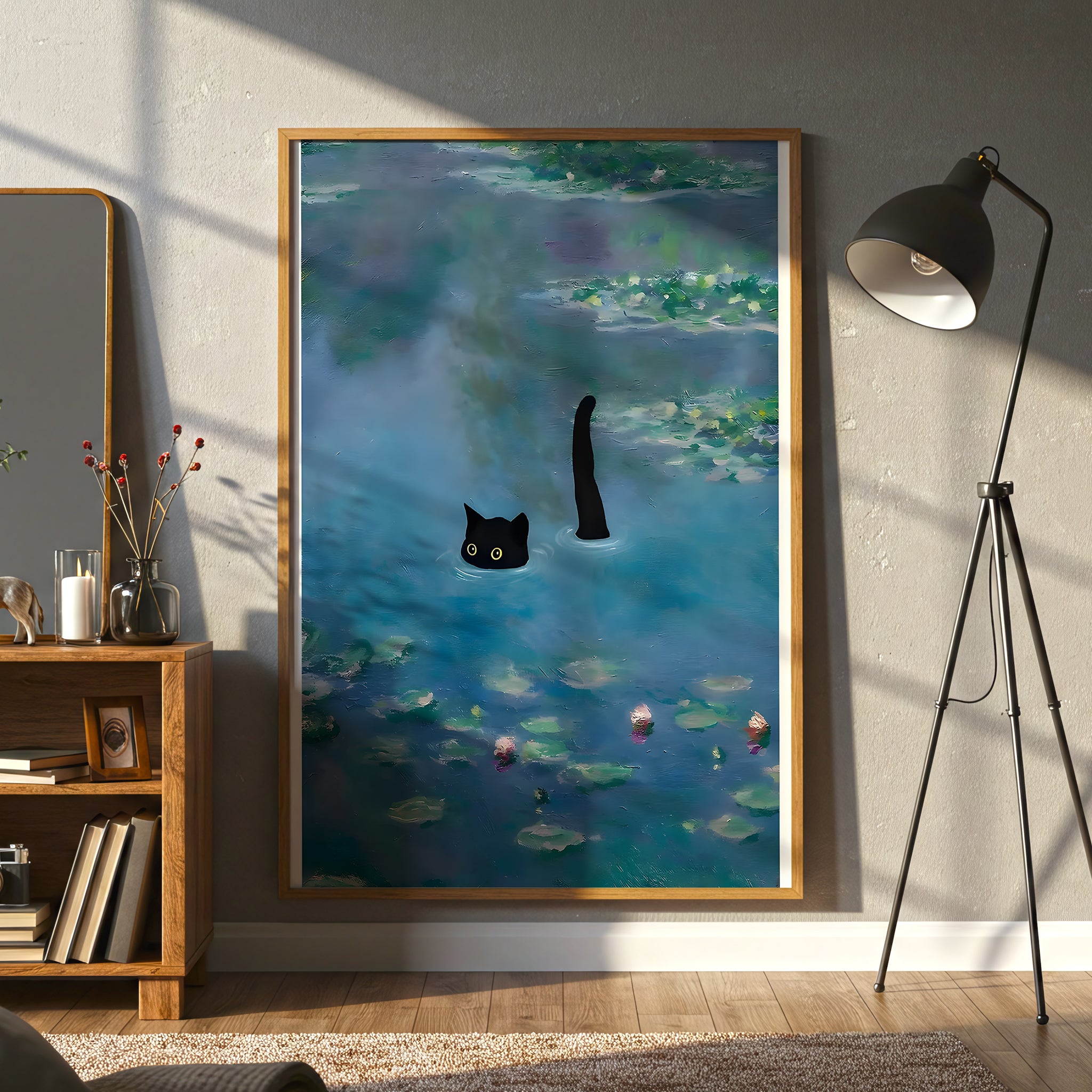 Black Cat in Water, Contemporary Whimsical Canvas Wall Art, Cute Animal Decor, Monet Inspired Lily Pond Artwork, Modern Home Accent