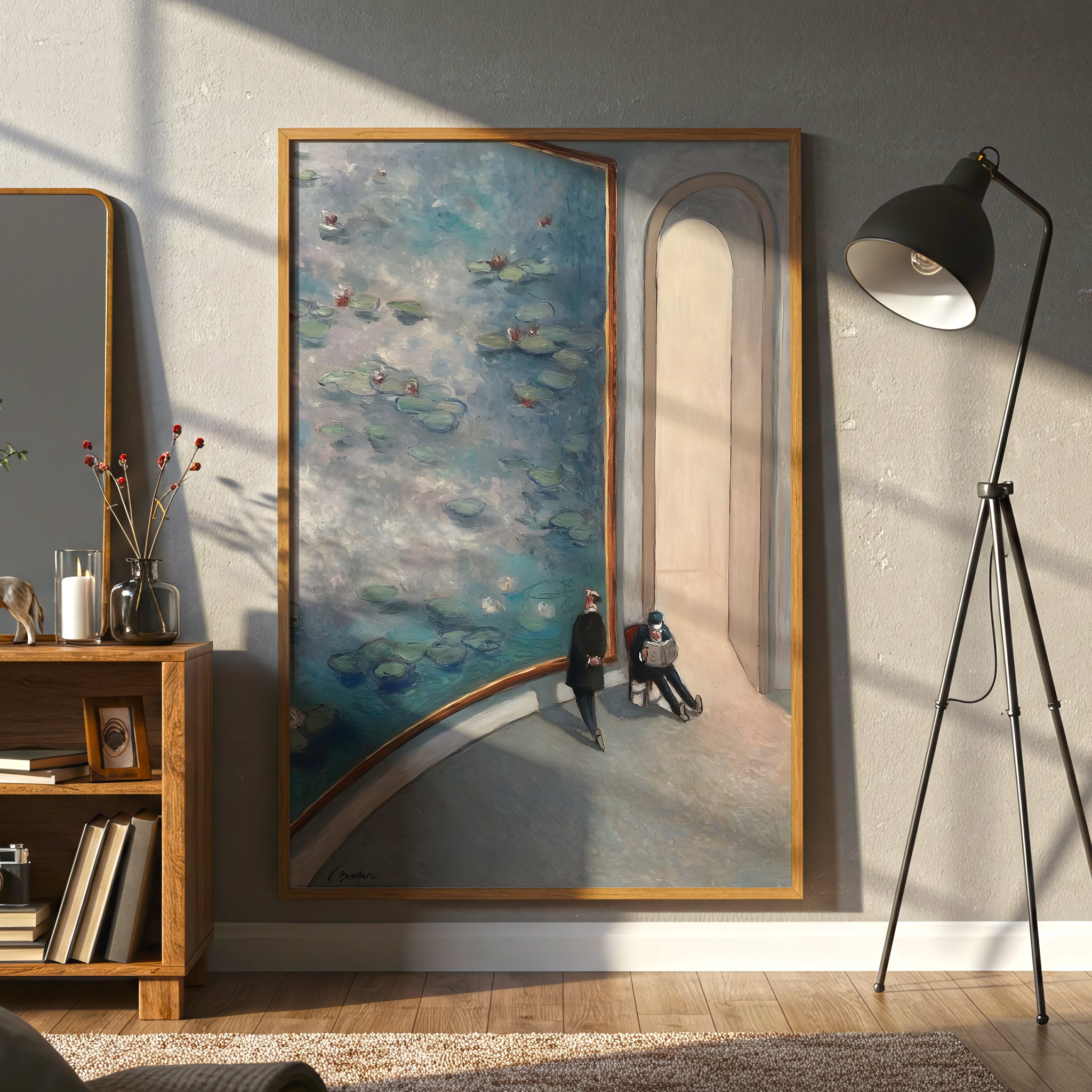 Gallery Room Scene with Large Water Lilies Canvas Wall Art, Modern Art Museum Decor, Impressionist Inspired Wall Art, Framed Home Decoration