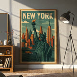 New York Skyline Canvas Wall Art, Statue of Liberty Wall Decor, Retro Cityscape Artwork, Modern Urban Home Accent