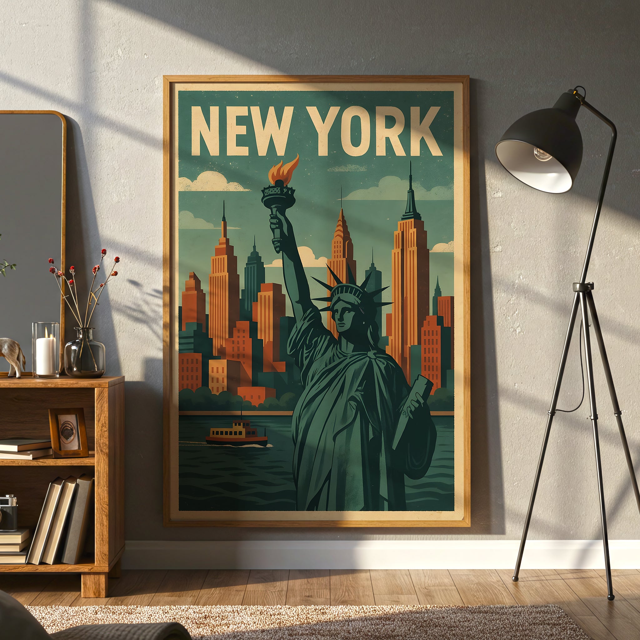 New York Skyline Canvas Wall Art, Statue of Liberty Wall Decor, Retro Cityscape Artwork, Modern Urban Home Accent